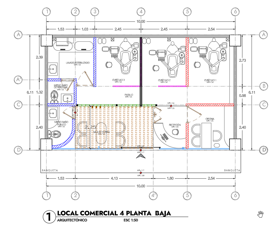 Proyecto ejecutivo arquitectónico: distribución de recepción, cubículos 1, 2 y 3, vitroblock y esterilizado