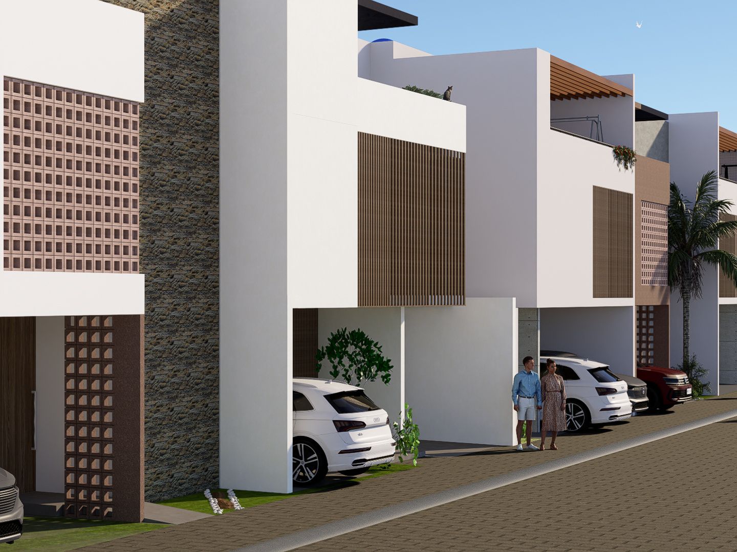 Conjunto Residencial PERSA - Perspectiva de calle con modelos Alabil, Alamut, Persis y Zambil